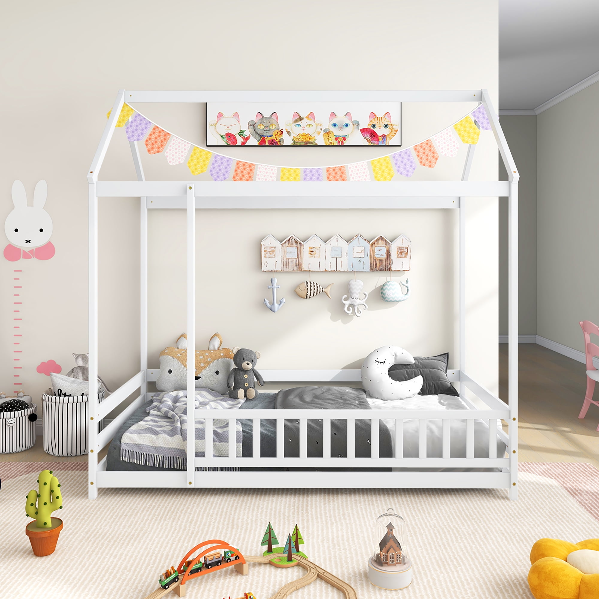 Gymax Twin Size House Bed w/ Roof & Full-length Safety Guardrail Playhouse Bed Frame White