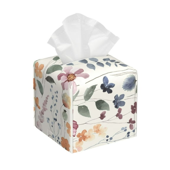 Kdxio Watercolor Floral Print Tissue Box Cover,Square Decorative PU Leather Facial Paper Case Organizer Holder Dispenser for Bathroom,Night Stands,Desk,Car 5.2''X5.2''X5.2''