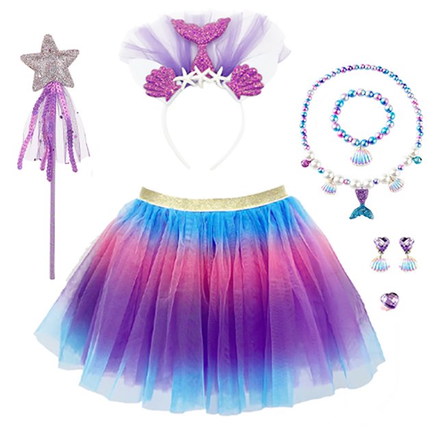 Conjunto De Traje De Sirena Para Niñas Pequeñas , Disfraz Con Corona , Collar De Palo De Hadas , Vestido Tutú Arco Iris Para Halloween , Fiesta De Cumpleaños , Actuación