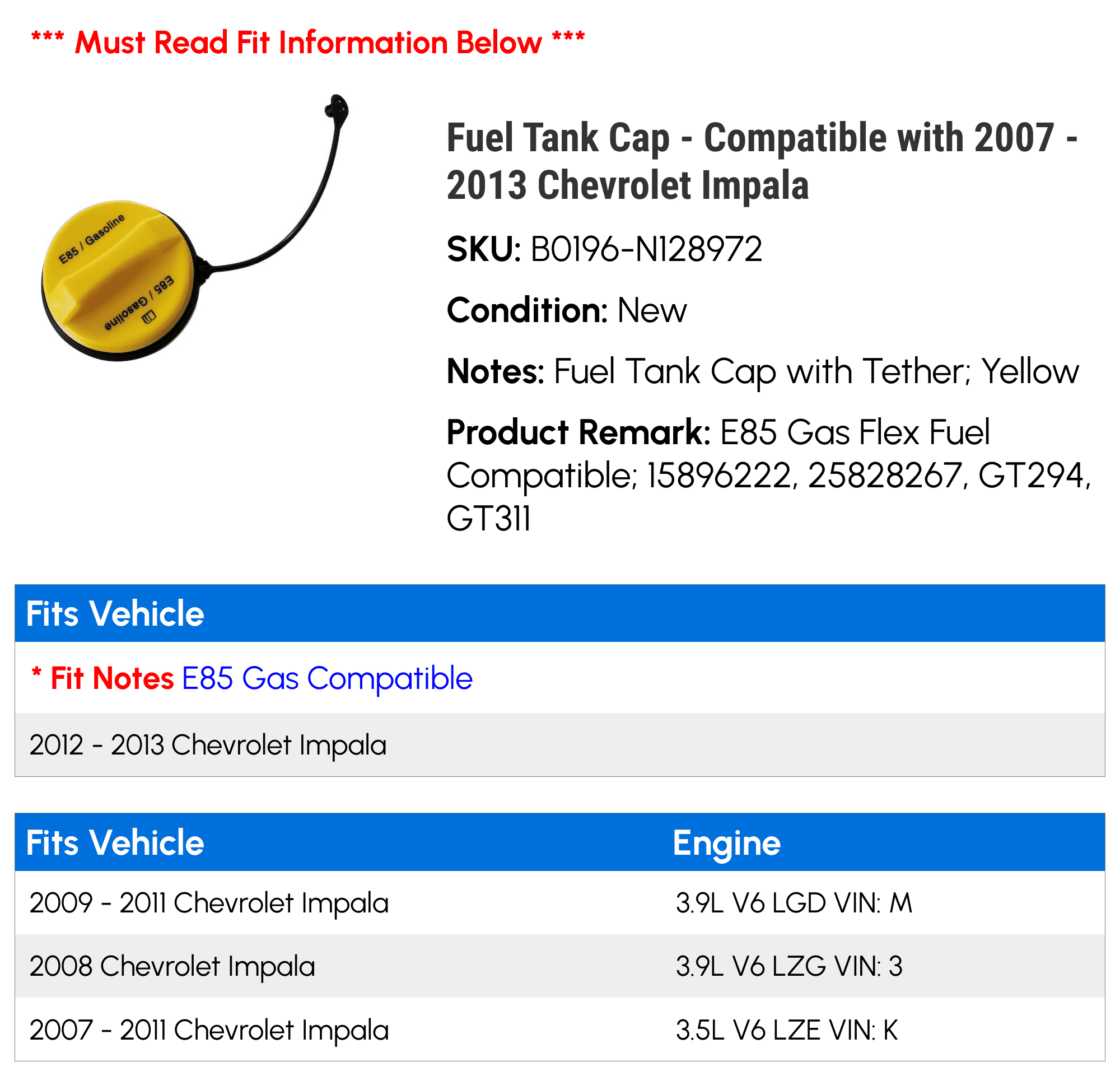 Replacement Fuel Tank Cap, Compatible with 2007-2013 Chevy Impala, E85 Gas Flex Fuel, Yellow