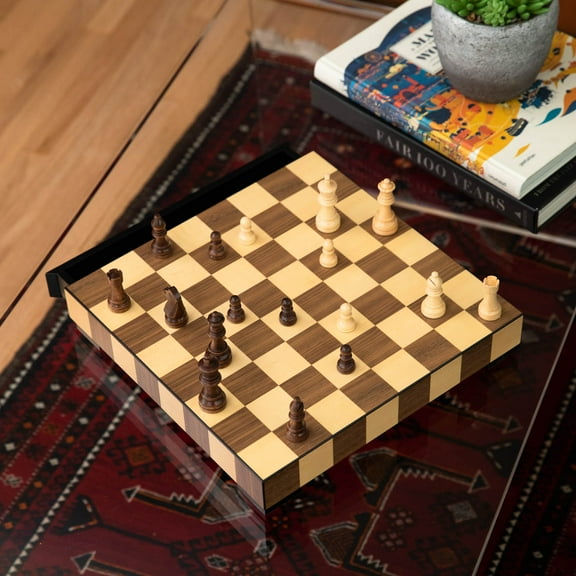 Matted Inlay Chess and Checkers Set with Storage Drawer.
