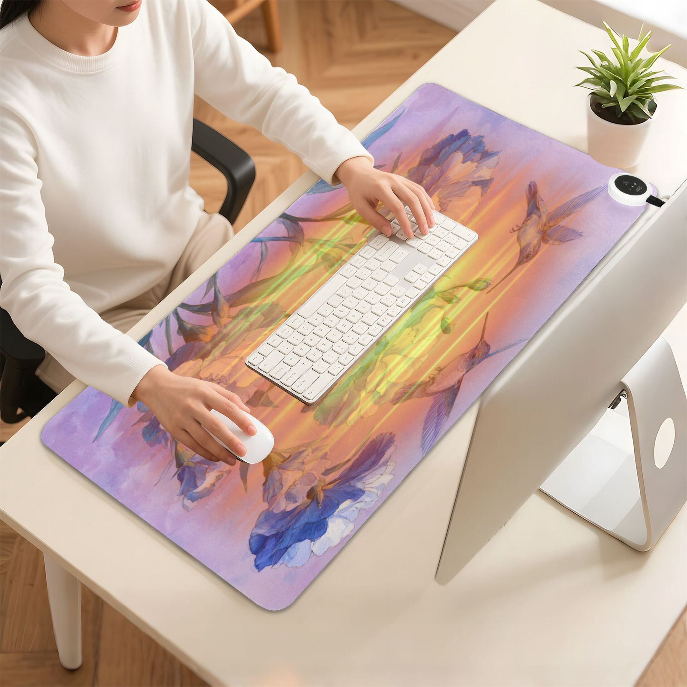 Large Heated Desk Mat Mouse Pad 31.5"x13"PU Leather Graphene Heating Desk Warmer with 3 Temperature Settings 110V US Plug Non-Slip Warm Pad for Home, Office, and Gaming Birds and Deep Blue Flowers