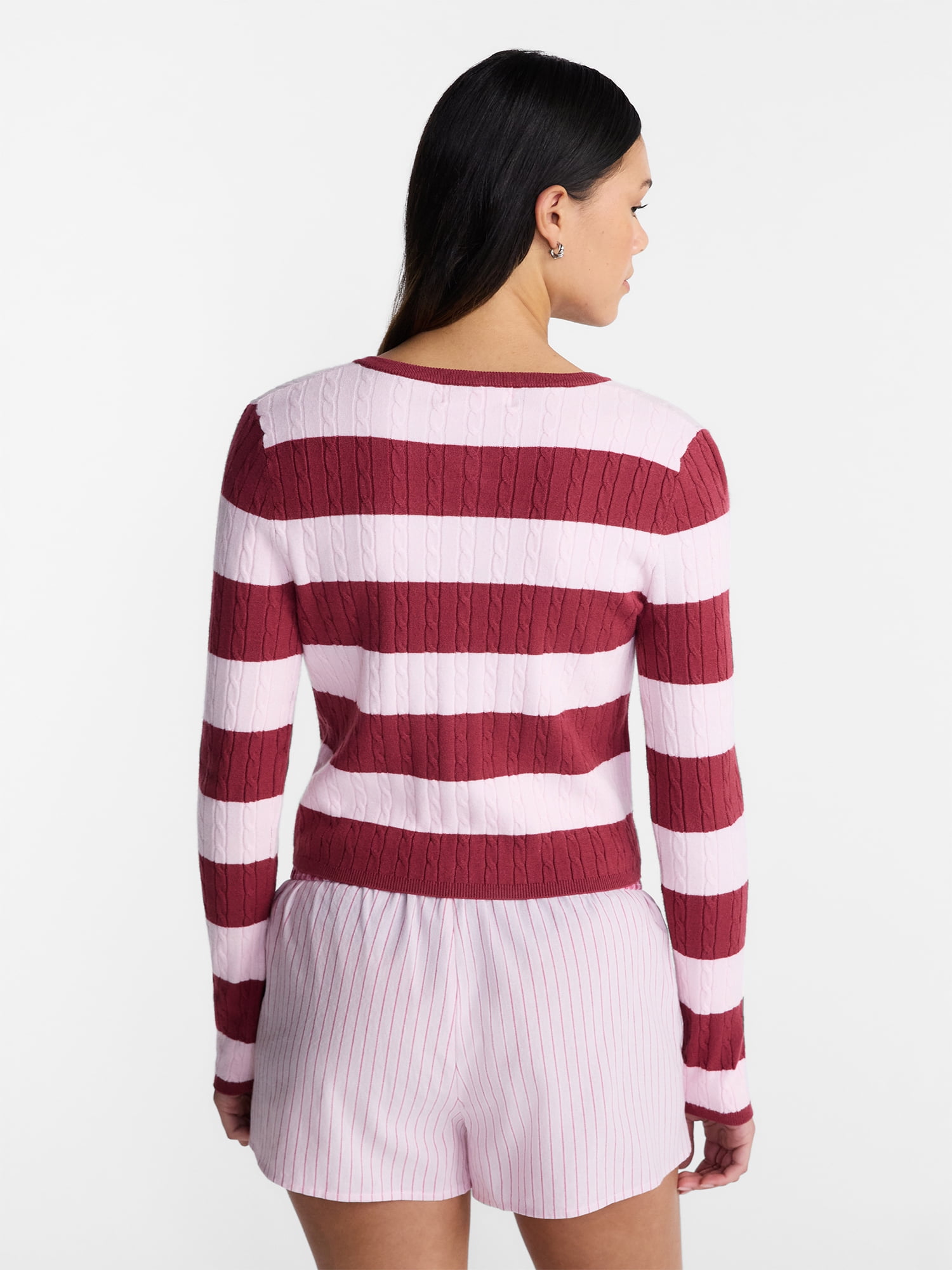 No Boundaries Cable Knit Crewneck Cardigan, Women's XXS-4X
