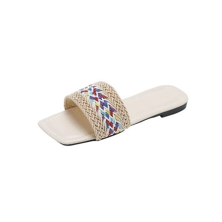 

Pfysire Women s Weave Flat Sandals Square Toe Slip On Slippers Casual Shoes US 6.5