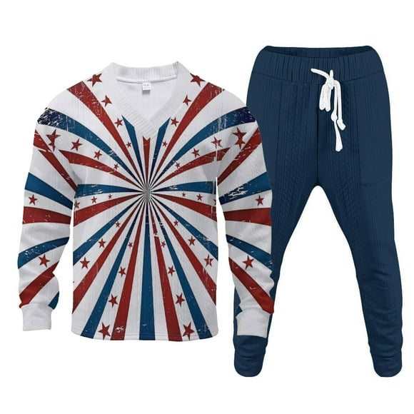 HCURIBAD Big and Tall SweatPants for Men Mens Knit V-Neck Long Sleeve Top + Trouser Casual Loose Fun Printed Sweatshirt Set, Fall Outfits, Track Suits Mens, American Flag Shirt Blue 3XL