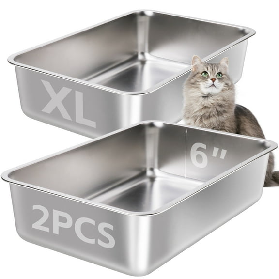 NYUTU Stainless Steel Cat Litter Box 2 Pack,XL Metal Litter Box for Big Cats, Cat LitterBox Metal Pet Toilet Easy to Clean,High Sided Litters Boxes Adult Big Cats,Non Stick, No Smell,23.6"x15.8"x6"
