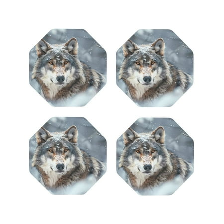

Vsdgher Majestic Snowy Wolf Leather Coasters for Drinks Durable Drink Coasters 4 Set for Tabletop Protection Luxurious Home Décor and Housewarming Gift-Octagon