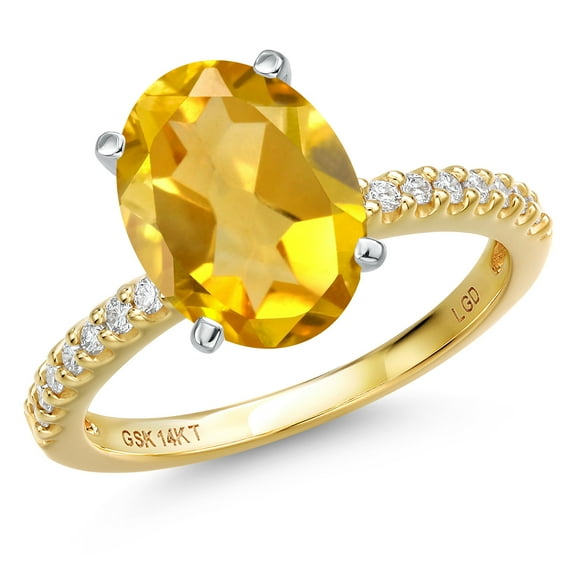 Gem Stone King 14K Two Tone Gold Yellow Citrine and Lab Grown Diamond Engagement Ring for Women | 3.36 Cttw | Oval 11X9MM | Gemstone November Birthstone | Size 8