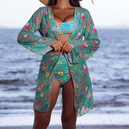 Jjayotai Women s 3 Piece Swimwear  Cover Ups Sexy Open Front Beach Bikini Swimsuit  Kimono Cardigan Cover Up Long Flowy Beachwear Green L