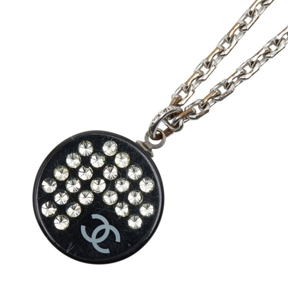 Pre-Owned Chanel Coco Mark Rhinestone Necklace in Silver and Black Metal with Plastic, Women's