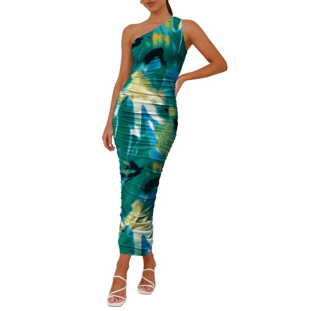 Vestido PRETTYGARDEN de un Hombro con Fruncido Floral Verde XL