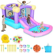 Adnoom Inflatable Bounce House W/470W Blower, Children's Indoor/Outdoor Jumping Bounce Castle for Kids 3-10 W/Slide, Ball Pit, Dart Game, 50 Ocean Balls, Jump House for Backyard Party Birthday Gift