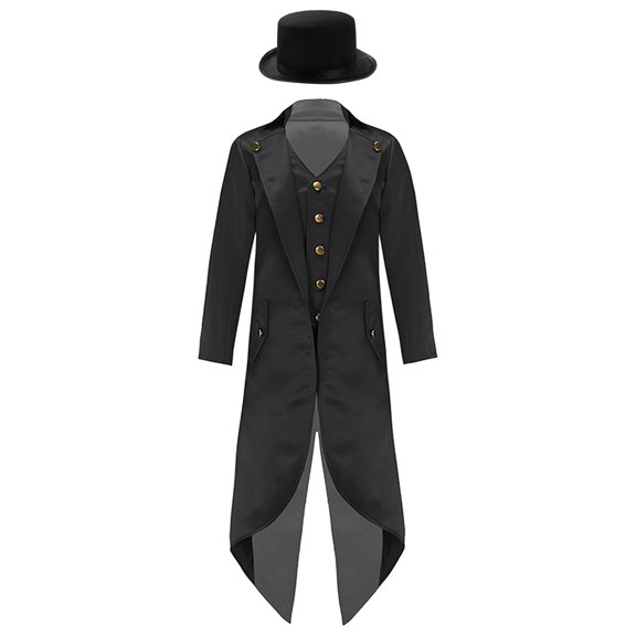 Aiihoo Kids Tailcoat Jacket Medieval Steampunk Frock Coat with Felt Top Hat Gentleman Outfit Black 12