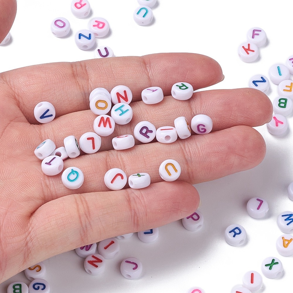 Opaque White Acrylic Beads Flat Round with Mixed color Letter Letter 7x3.5mm Hole: 1.2mm about 4000pcs/500g