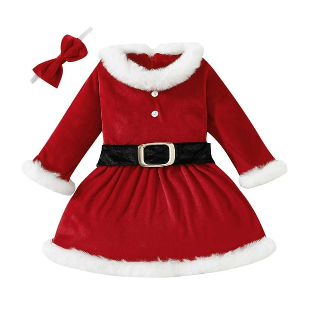 FAIWAD Robe de Noël en Velours pour Bébé Fille, Robe de Santa à Manches Longues en Peluche, Tenue de Princesse de Noël pour Fête et Cosplay avec Serre-Tête
