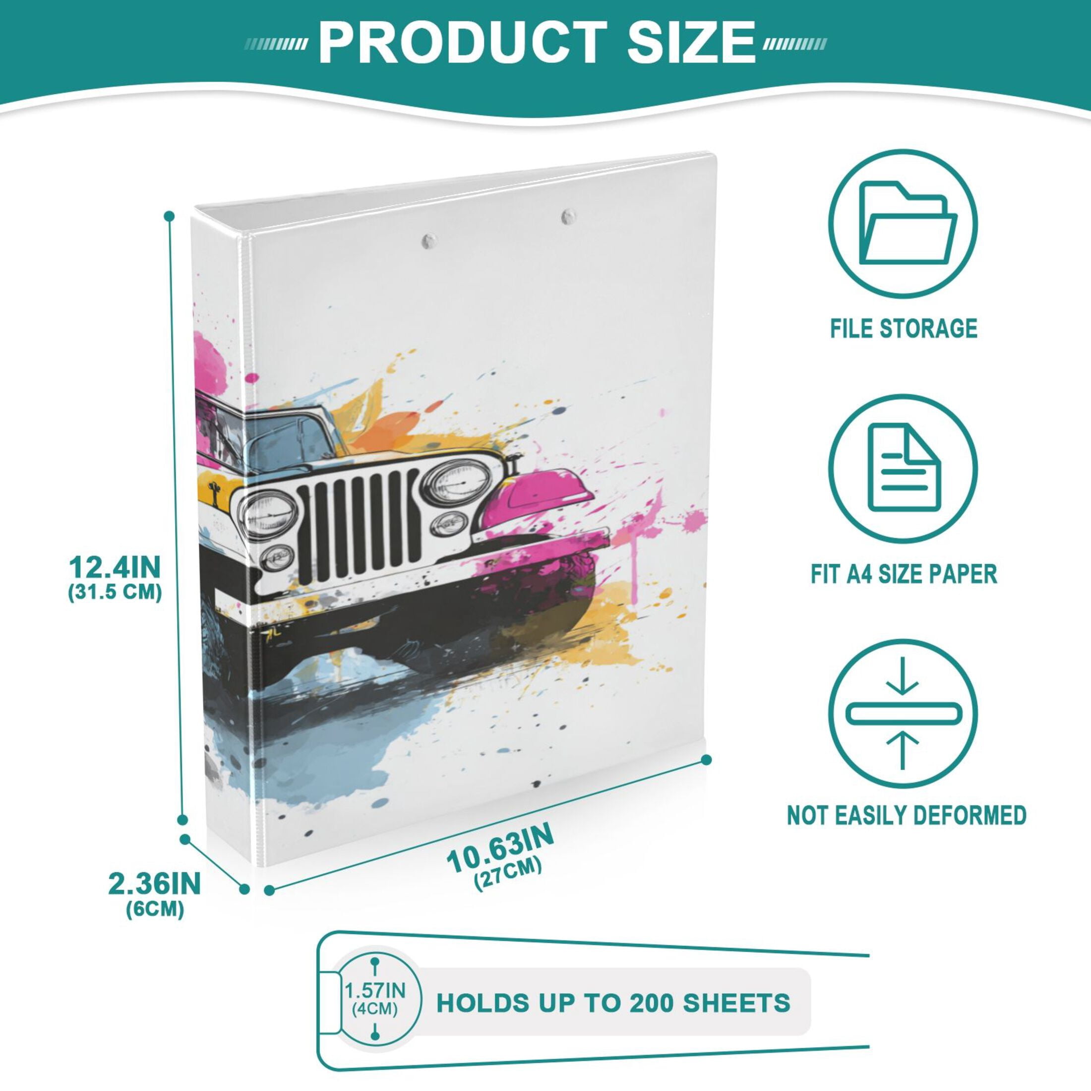 3 Ring Binder 1.5 inch Round Rings with Interior Pockets Binders Organizer Office School 1Pack Wet Watercolor Jeep Pattern