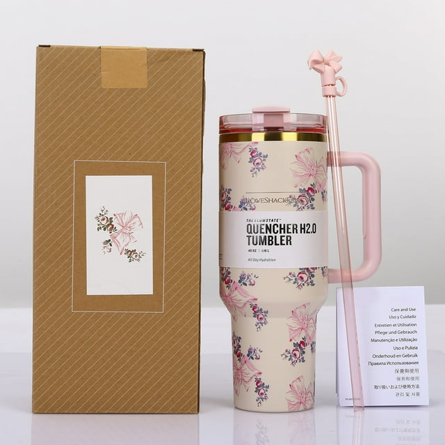 LILELIS New Stainless Steel Double Layer Cup 40Oz Car Cup Ice Cup with Handle 40Oz Outdoor Drinking Drinking Cup Cup Pink 33X15cm