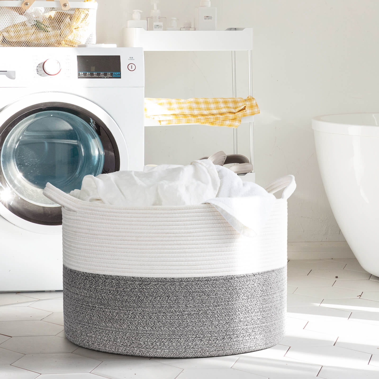 Timeyard Large Woven Laundry Hamper Basket - Decorative Storage Organizer for Living Room, Holds Toys Pillows Blankets Clothes - 21.7" x 21.7" x 13.8"-Light Grey