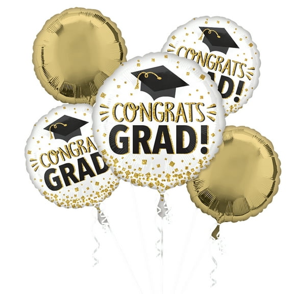 Congrats Grad Glitter Confetti Mylar Balloons Bouquet - Gold, White, and Black (5ct) G8