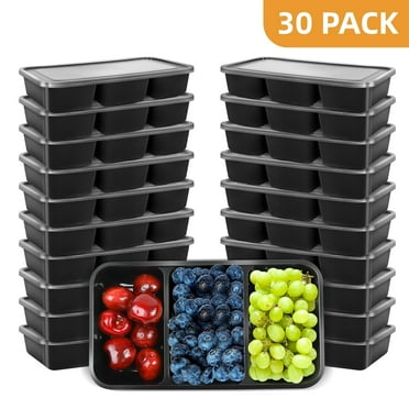 Retrocular 30 Pack 20 oz Meal Prep Containers with Lids, 3 Compartments Disposable Plastic Bento Boxes Reusable Stackable Food Containers Travel Lunch Boxes (Black)