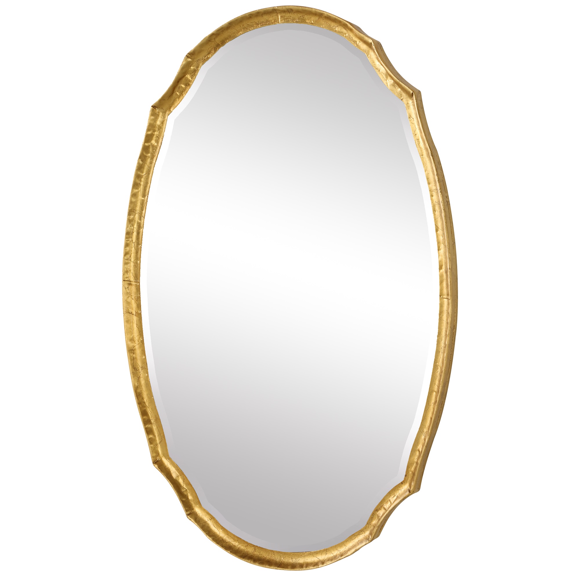 36 Inch Wood Wall Mirror, Oval Shape, Concave Surface, Gold