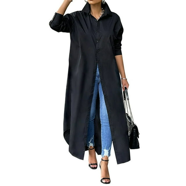 Trench-Coat Long Décontracté pour Femmes Hauts Couleur Unie Manches Longues Classique Col à Revers Chemise Longue