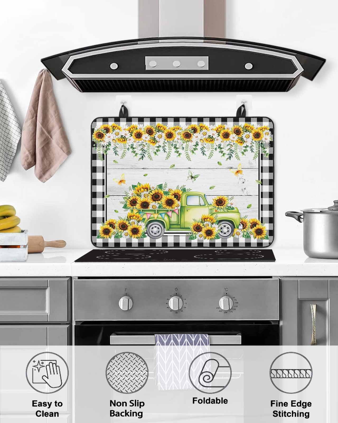 Large Induction Cooktop Protector Mat Sunflowers Stove Top Covers for Electric Stove, Spring Farmhouse Country Truck Leaf Wood Grain Decorative Stove Burner Cover Mats, Glass Top Stove Cover