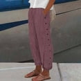 thumbnail image 2 of Mohiass Striped Linen Pants Women Side Button Elastic Waist Capri Gauze Pants Lightweight Summer Beach Cropped Trousers 2025 Wine M, 2 of 5