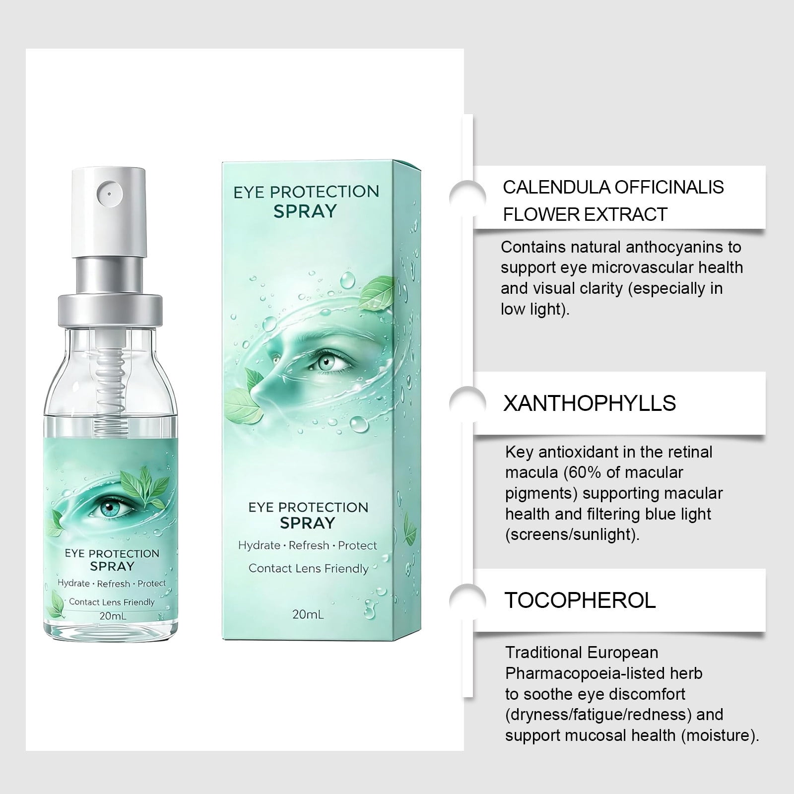 Lutein Eye Spray, Gentle Eyelid Cleanser, Eye Formula with Calendula, 20 ml