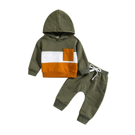 

ZRBYWB Toddler Boy Girl Outfits Long Sleeve Patchwork Color Hooded T Shirt Pullover Tops Pants Outfits Baby Clothing
