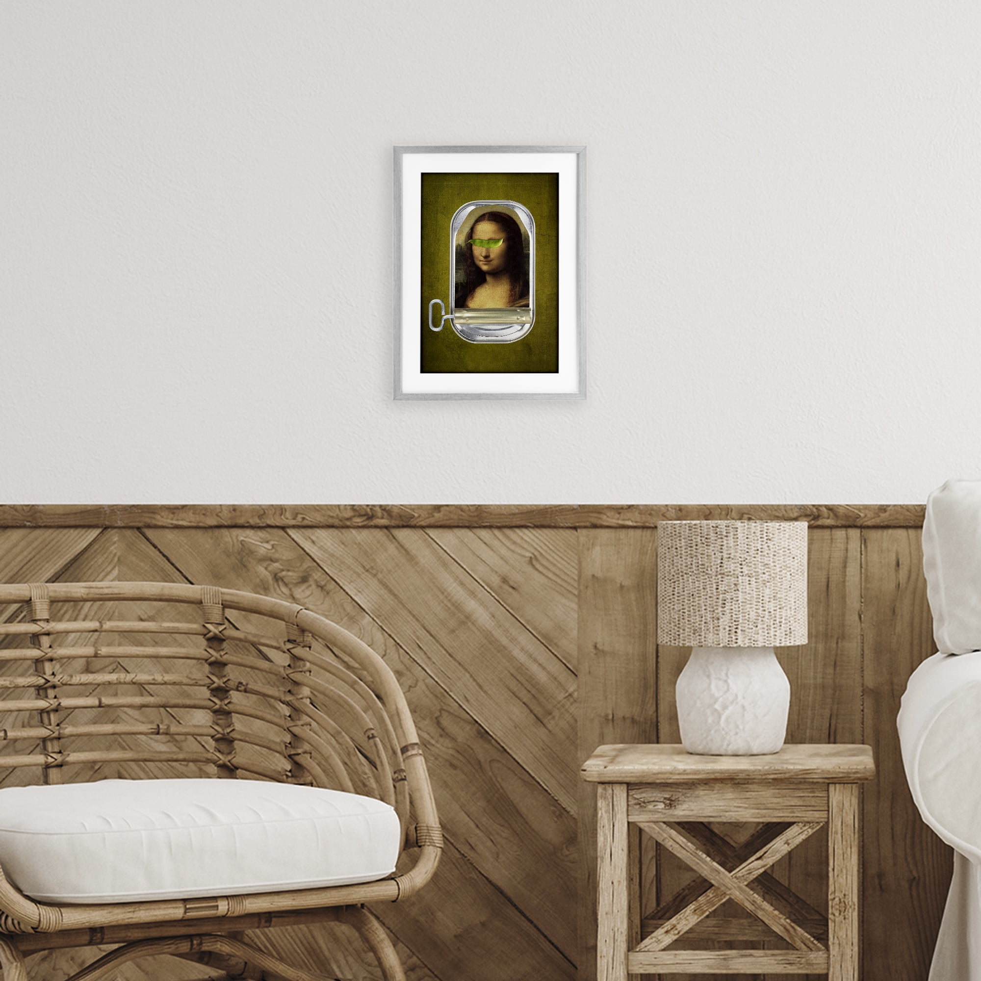 Canned Mona Lisa Gray Framed Print Under Glass, design by Elo Marc