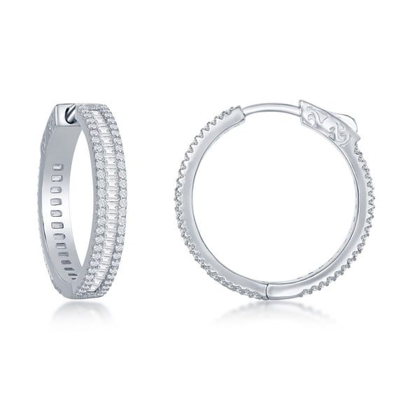 Sterling Silver Baguette 25mm, 30mm, 35mm, 40mm Cubic Zirconia Hoop Earrings