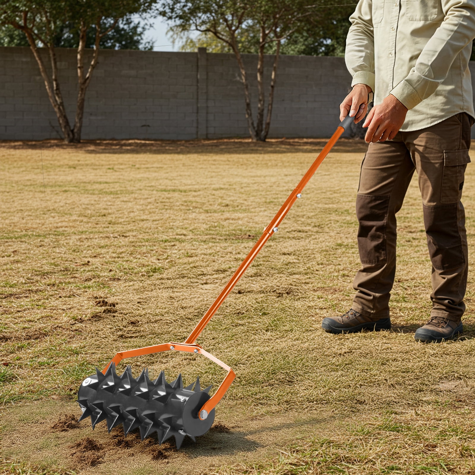 Zimtown 18" Heavy Duty Lawn Aerator, Fillable Drum & Double Spikes, Rubber Handle for Small Yards, Black Orange