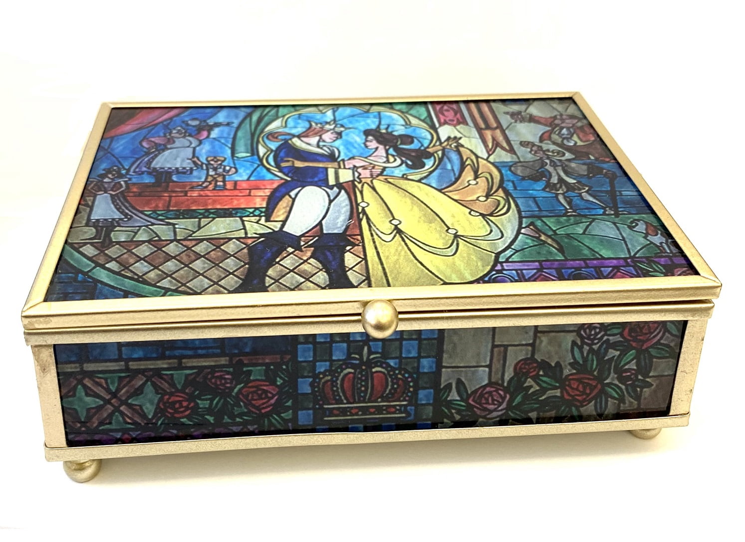 Disney Beauty and the Beast Jewelry Box- Glass Jewelry Case with Stained Glass Belle and the Prince Design Jewelry