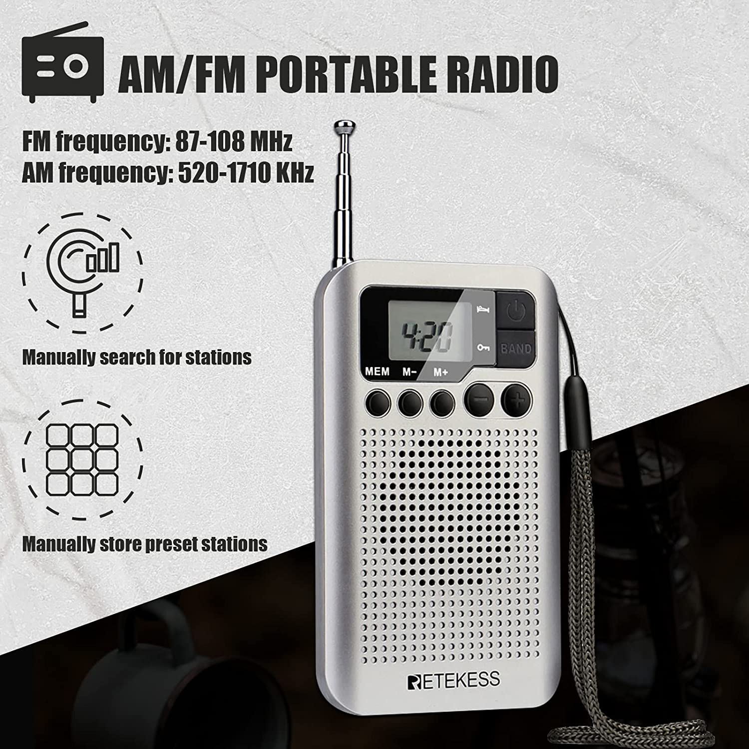 Retekess TR106 Portable Mini Pocket Radios AM FM Digital Tuning, AAA Battery Powered, Support Clock, Alarm, Sleep Timer, FM Stereo for Walking,Thansgiving Christmas New Year Gift(Silver) - image 4 of 10