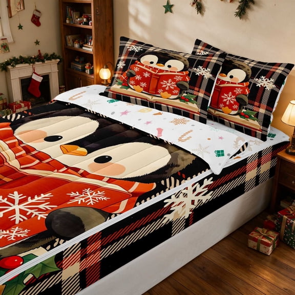Manfei Penguin Zipper Twin Comforter Sets with Fitted Sheet and 2 Pillowcases Snow Zipper Bedding Set, Red Green, Xmas Reversible