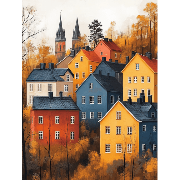 Autumn Village Houses Canvas Painting， Suitable for Living Room， Bedroom， Office， Dining Room， and Hallway Decoration.