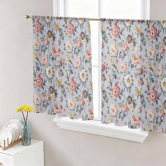 Vintage Spring Floral Sheer Curtains 45 Inch Length 2 Panels Set Window Treatments, Farmhouse Flowers Blue Vintage Rod Pocket Semi Curtains for Living Room/Bedroom/Kitchen Décor, 104"W x 45"L