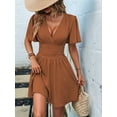 thumbnail image 5 of Women V Neck Mini Dress Summer Ruffle Sleeves A Line Elastic High Waist Flowy Swing Dresses Caramel Color XXL, 5 of 7