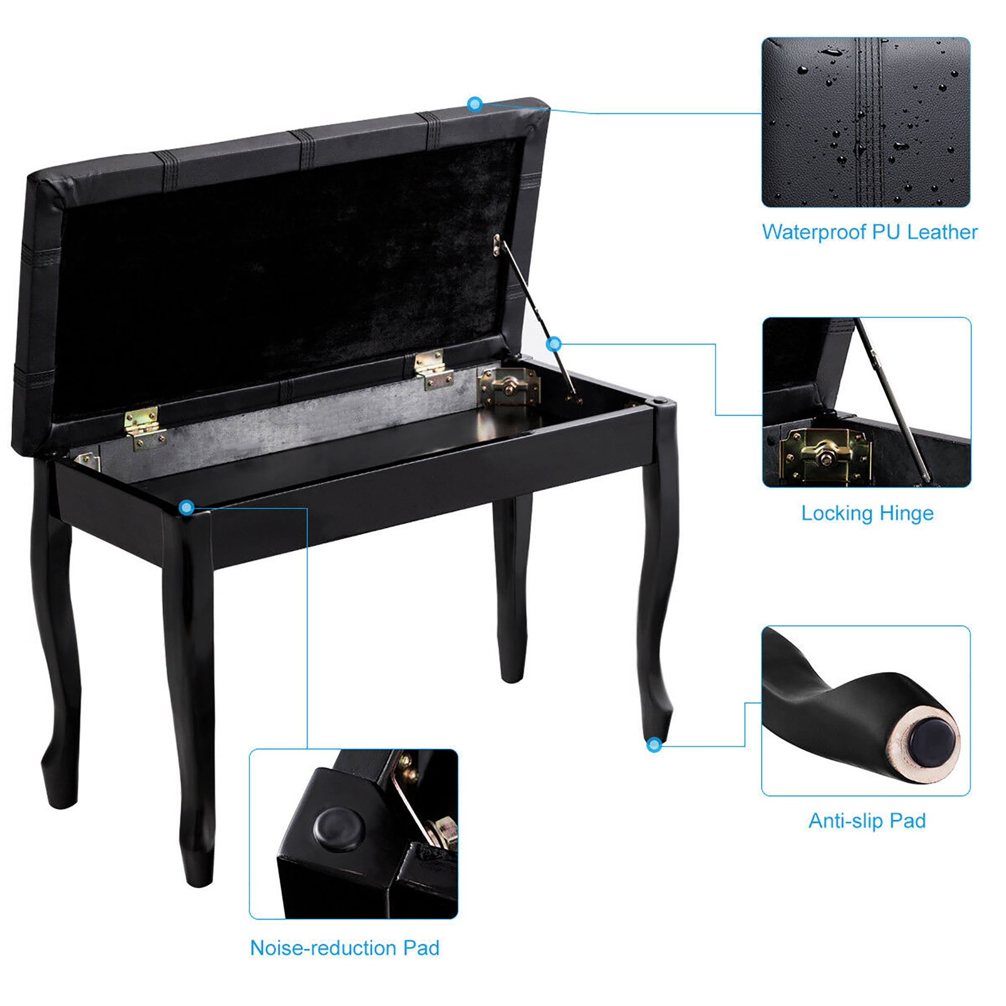 Costway PU Leather Solid Wood Piano Bench Padded Double Duet Keyboard Seat Storage Black