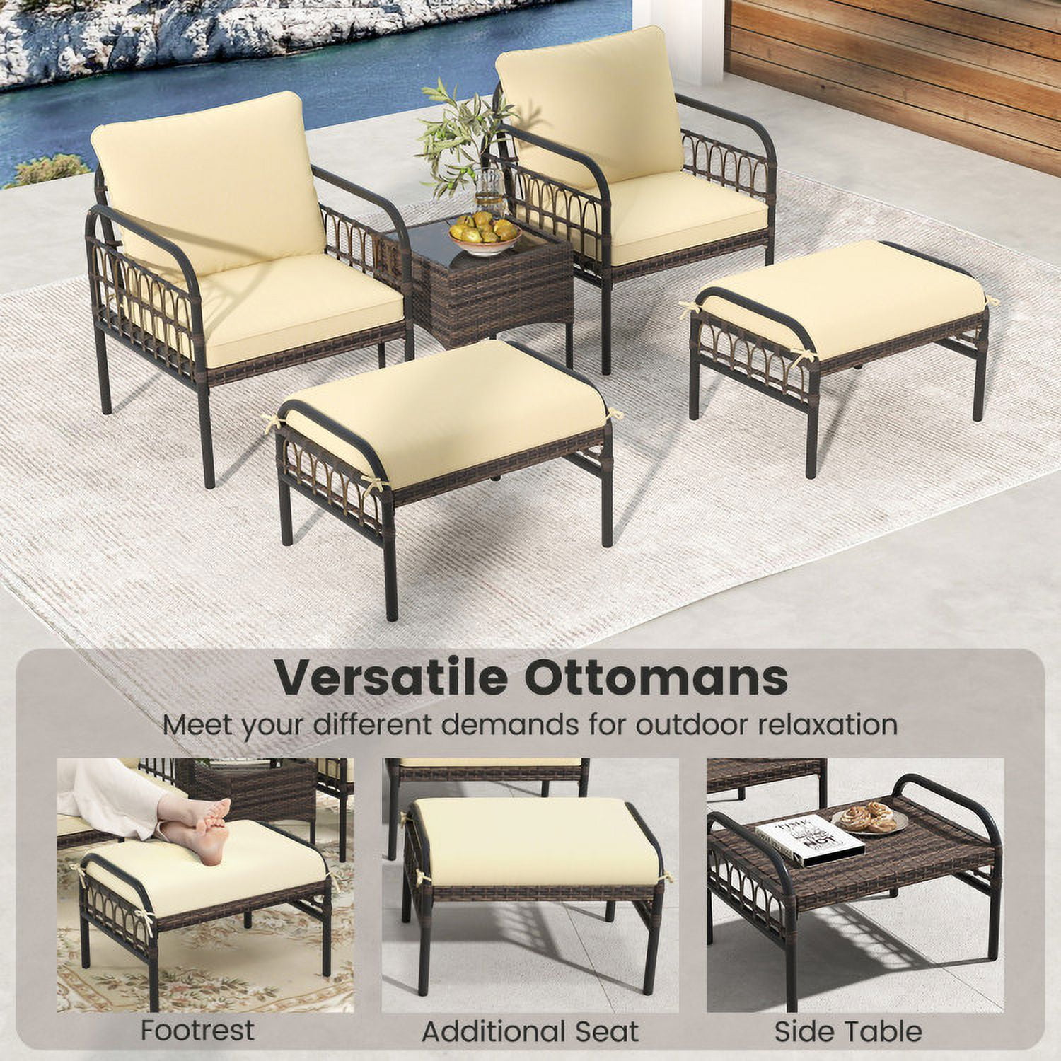 Aimee Lii 5-Piece Wicker Conversation Set with Cushions, Outdoor Patio Furniture, Beige Aimee Lii 5-Piece Wicker Conversation Set with Cushions, Outdoor Patio Furniture, Beige