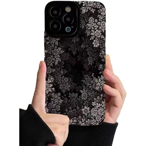 White Flowers Leafs Black Soft Phone Case Compatible with iPhone Case (Black,iPhone 14)
