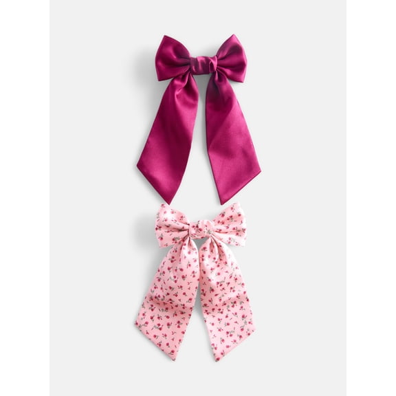 Wonder Nation Girls Satin Hair Bows, 2-Pack, Pink Multi