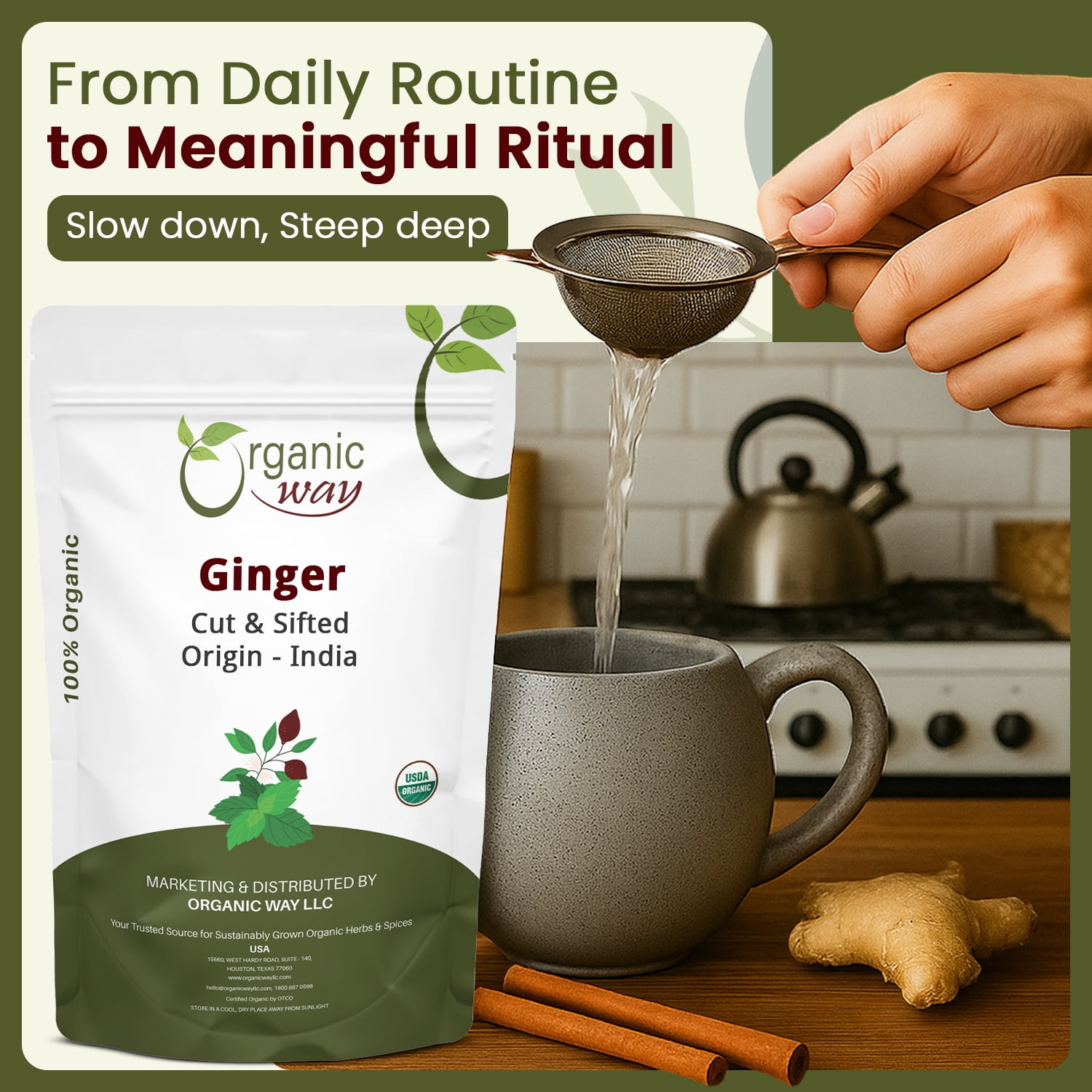 Organic Way Dried Ginger Root, Cut & Sifted, Kosher & USDA Certified, Vegan, Non-GMO, Gluten-Free, 16 oz