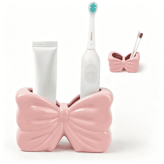 BPPEG Bow Toothbrush Holder, Pink Ceramic Multi-Purpose 2-Section Organizer for Bathroom, Kitchen, Bedroom, Office Decor