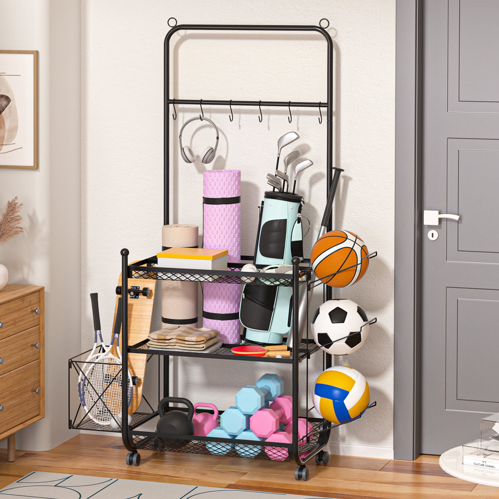 Trendix Dumbbell Rack, Weight Rack for Dumbbells, Yoga Mat Storage Rack, All in One Workout Storage with Wheels and Hooks for Kettlebells Foam Roller, Powder Coated Finish Steel