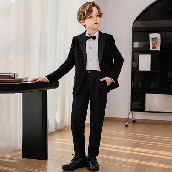 Wuxian Christmas Outfit For Kids Boys Formal Suits Four Piece Shirt Tuxedo Gentlemen Solid Color Jacket Shirts Trousers Bowtie Wedding Party Activist Dress Wear Cute Winter Outfits,Black,2-3 Years