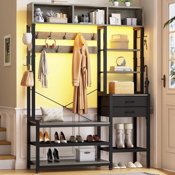 ZZJYY Hall Tree with Bench and Shoe Storage, 7-in-1 Entryway Bench with Coat Rack, 3 Storage Cubbies, 3 Open Shelves, 17 Coat Hooks, 2 Fabric Drawers (Oak Grey)