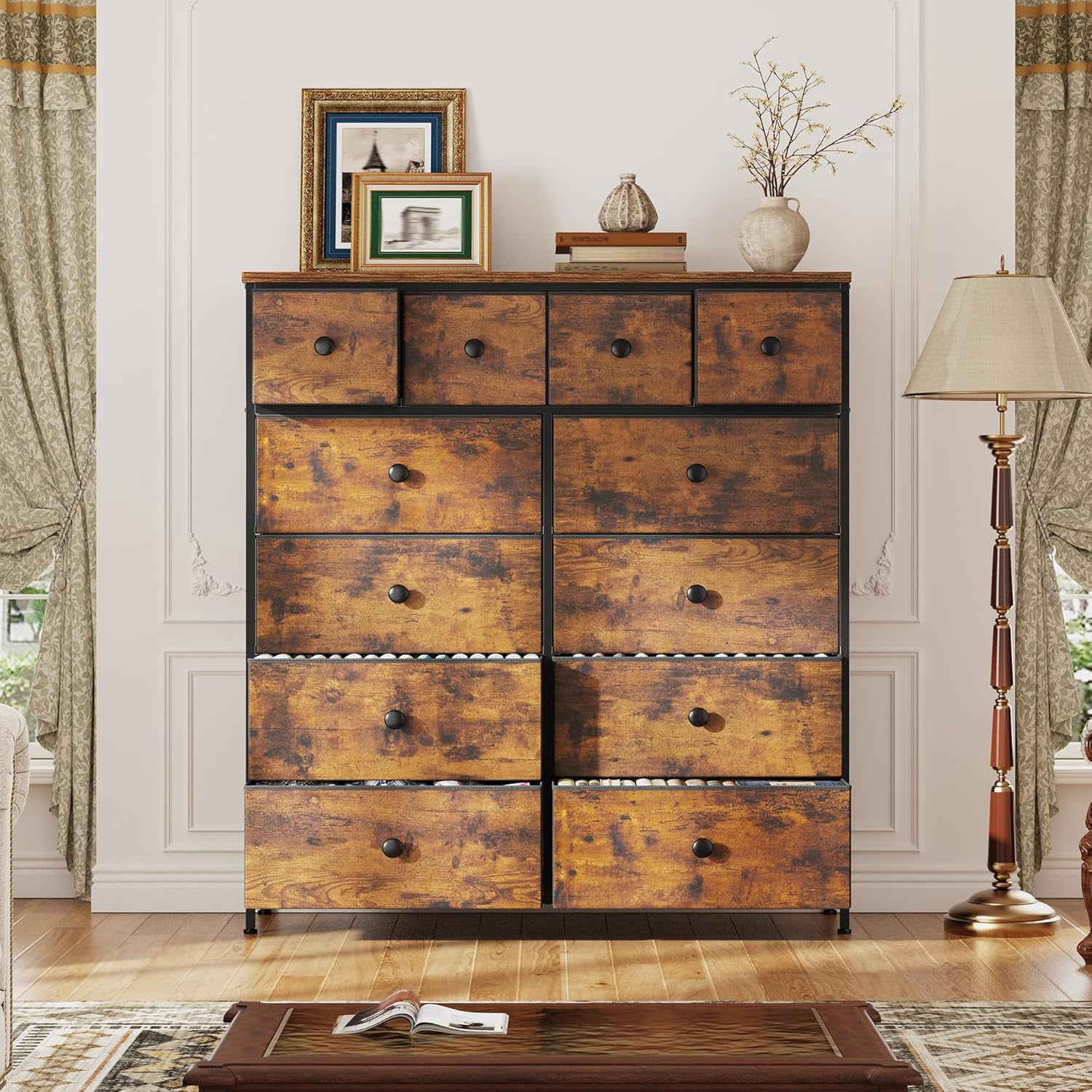 Dresser for Bedroom Tall Dresser with 12 Drawers Fabric Dressers & Chests of Drawers, Bedroom Dresser with Metal Frame, Wood Top, Entryway Living Room Closet, Rustic Brown