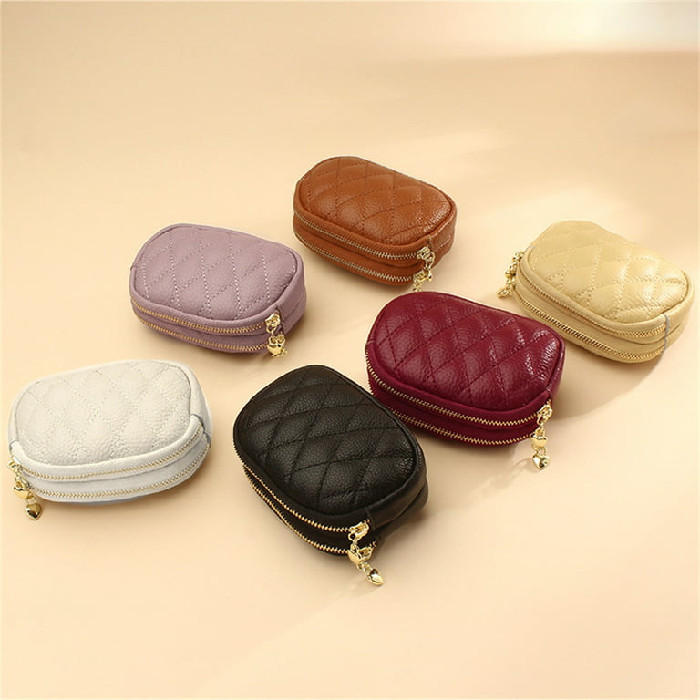 Double Zip Leather Coin Purse with Key Chain Card Case Small
